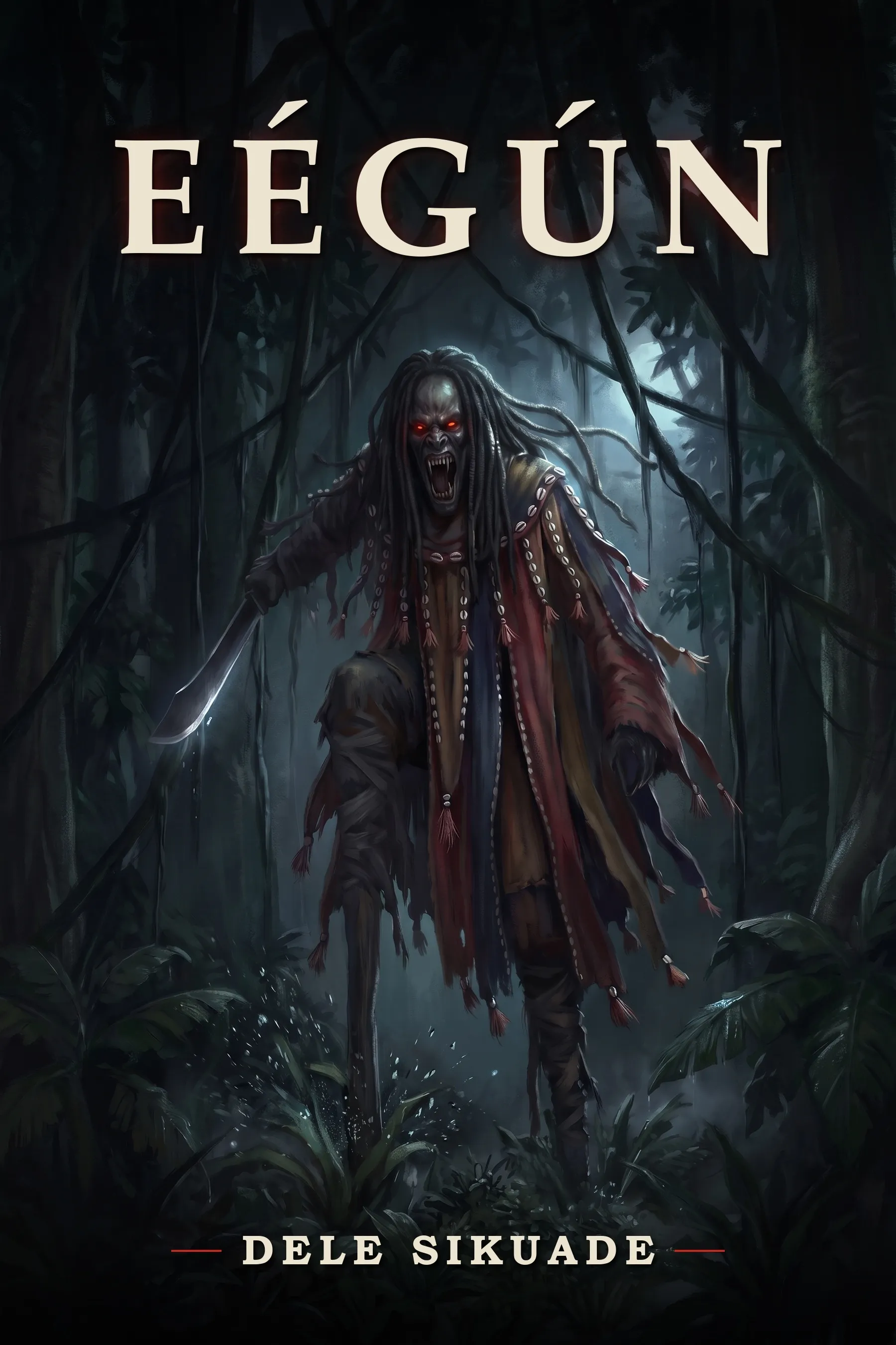 Cover of Eégún. A masked figure with glowing red eyes and bared fangs strides out of a dark, moonlit jungle, a machete in one hand, wearing layered ragged robes hung with cowrie shells and tassels. The title is in large cream capitals at the top, the author's name at the foot.