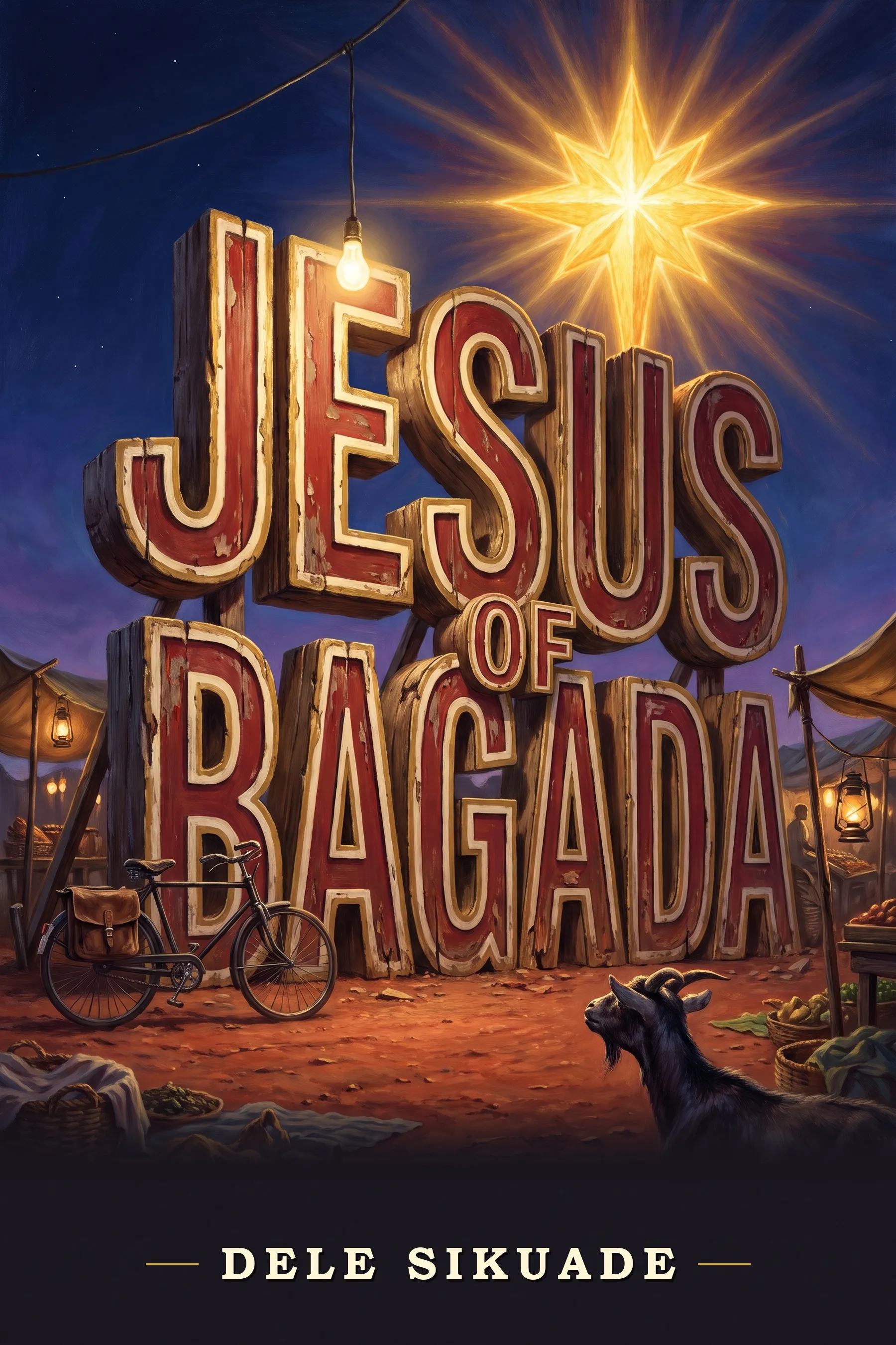 Cover of Jesus of Bagada. The title is built as huge, weathered red-and-cream wooden letters standing in a night market, lit by a hanging bulb, with a blazing star above. An old bicycle with a leather satchel leans against the letters, and a black goat looks on beside market stalls and lanterns. The author's name runs across the dark band at the foot.