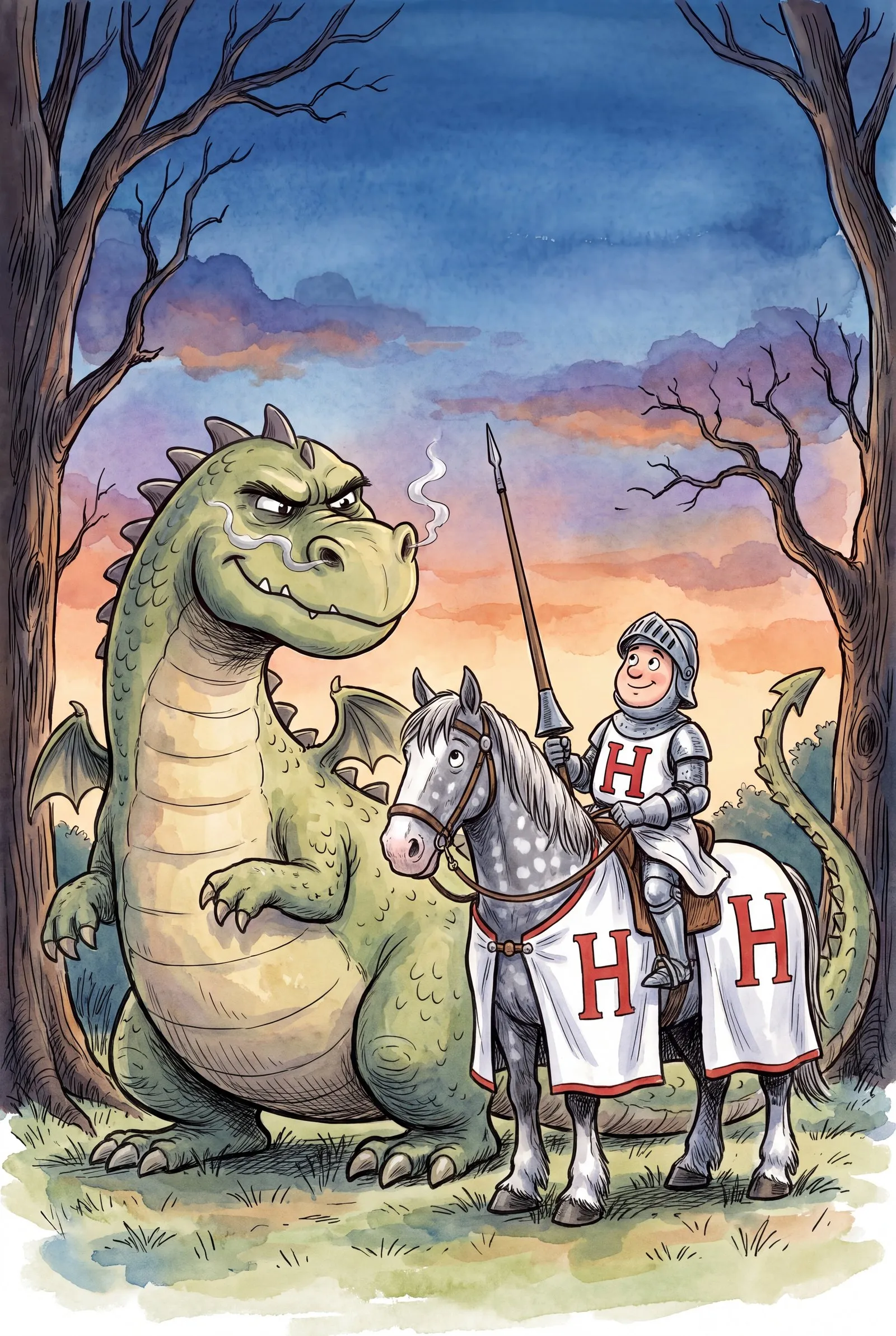 Watercolour illustration: a big, smug green dragon with smoke curling from its nostrils sits beside Sir Hugo, a smiling young knight on a dappled grey horse, his white tabard marked with a red H, in a wood at dusk.