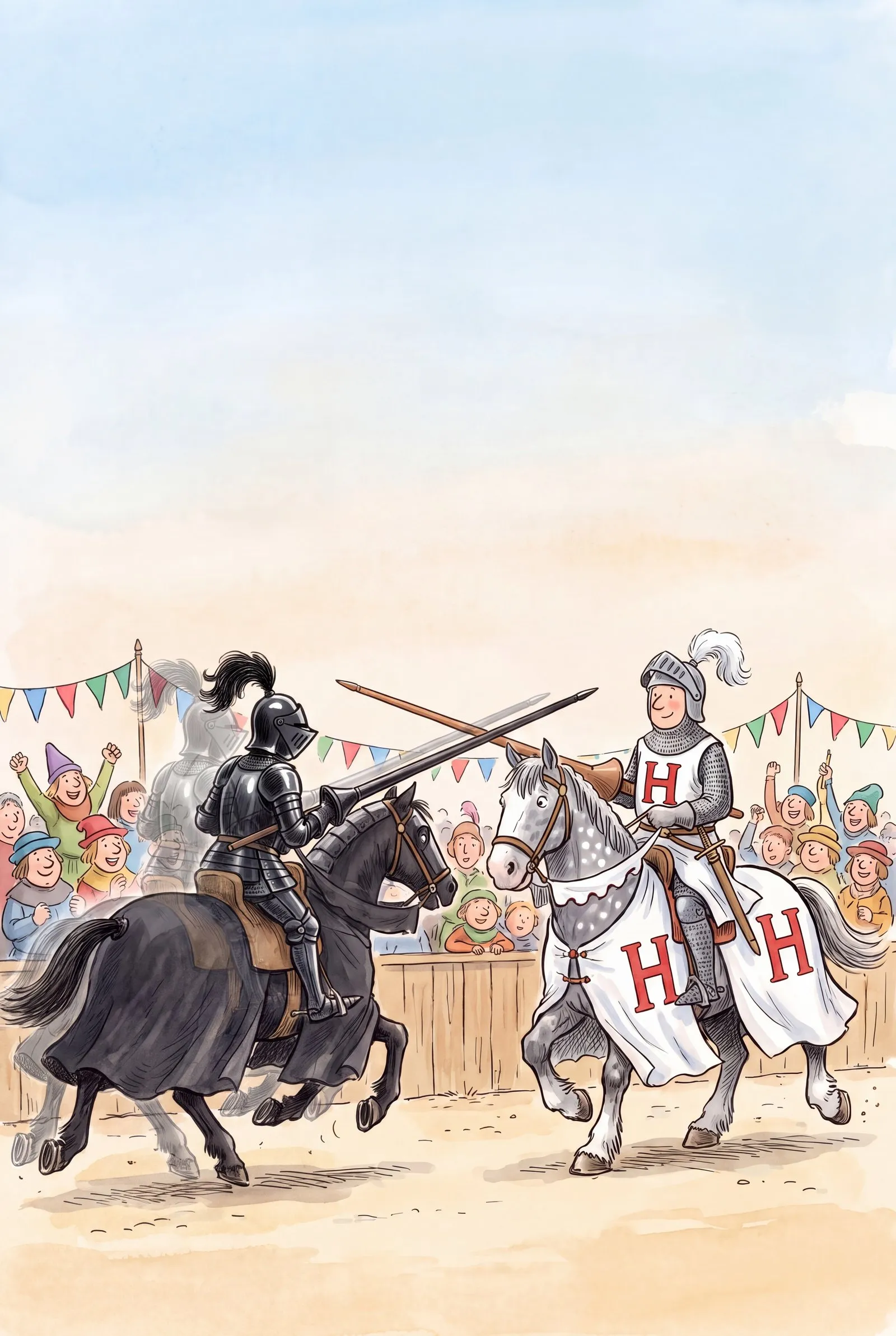 Watercolour illustration: Sir Hugo, in a white tabard with a red H, charges on a dappled grey horse at a black knight on a black horse, whose ghostly double blurs behind him, while a crowd cheers under bunting.
